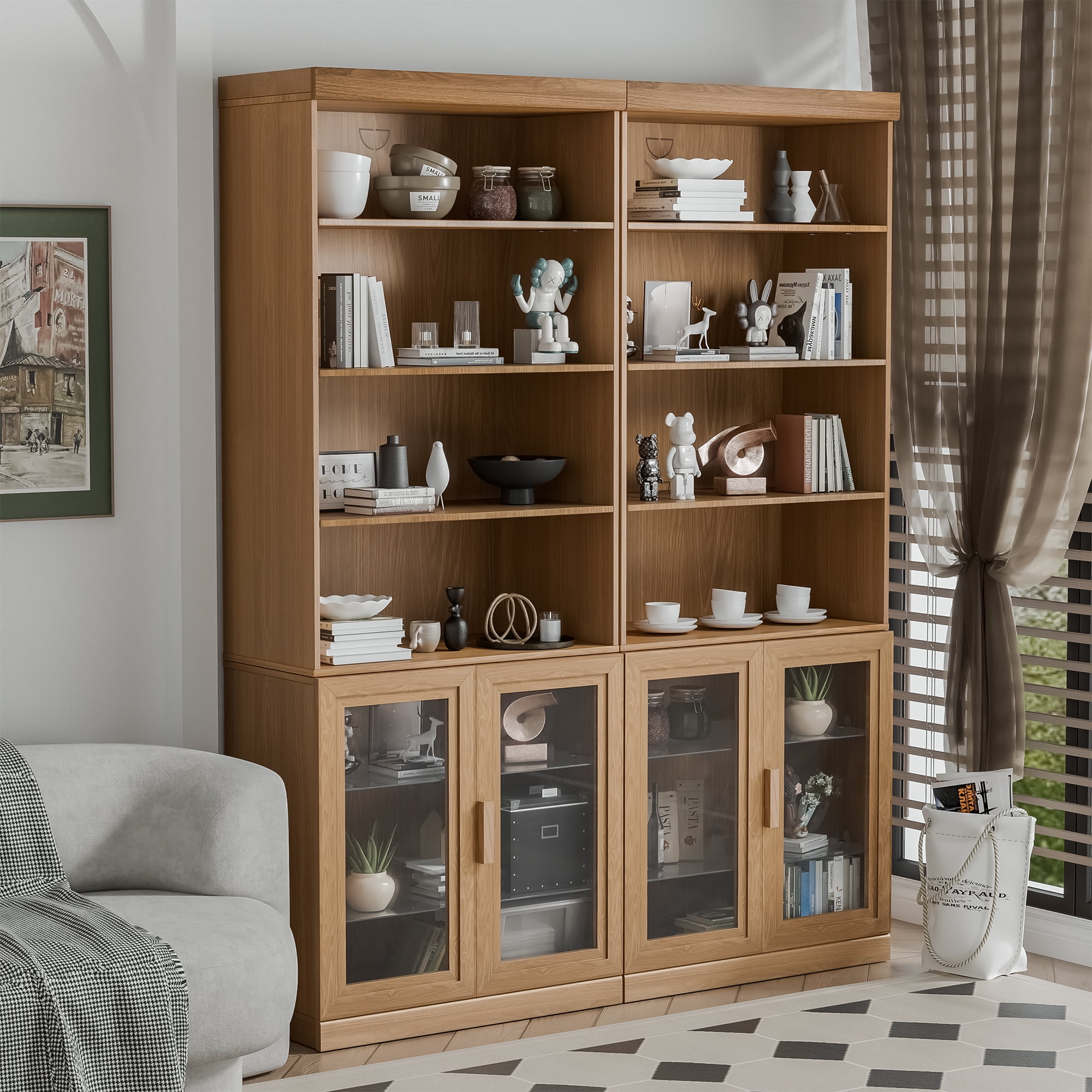 MAYEERTY 49*31*16" Modern Natural Wood Grain Storage Cabinet for Living Room, Doorless Bookcase