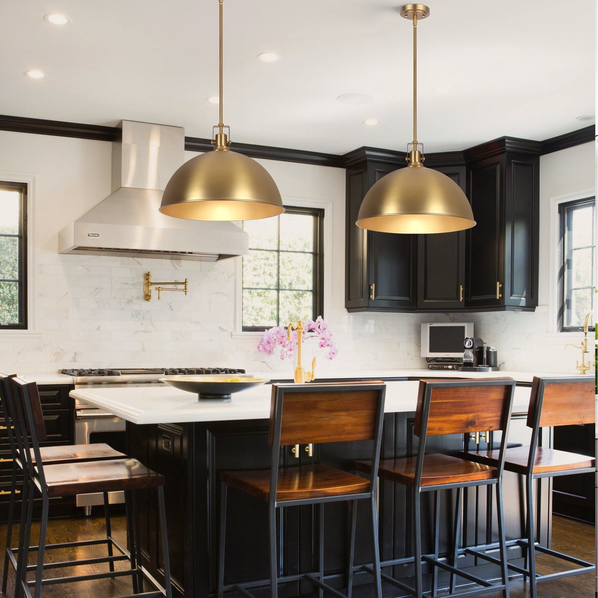 Modern Pendant Light, 18"Farmhouse Pendant Light Industrial Large Dome Brushed Gold Chandelier Ceiling Hanging Lighting for Dining Room Kitchen Island Bar Hallway Entryway