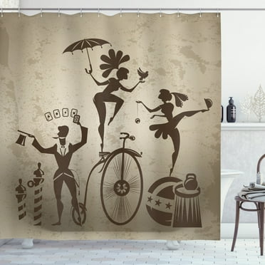 Circus Shower Curtain, Silhouette Circus Performers as Magician Doing Card Trick and Girl on Unicycle, Fabric Bathroom Set with Hooks, 69W X 70L Inches, Beige and Brown, by Ambesonne