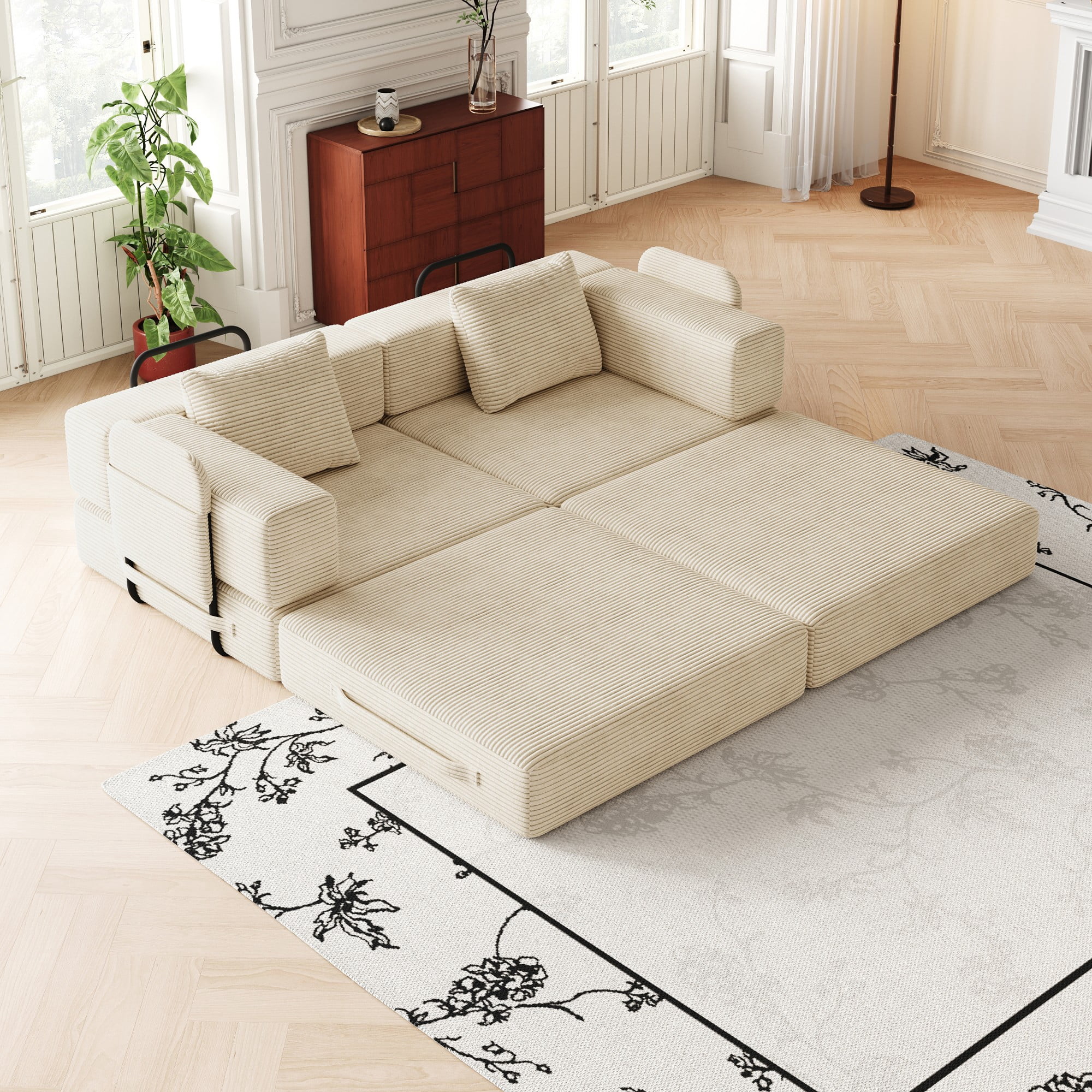 72" Convertible Corduroy Sofa Bed,Folding Sleeper Couch with Two Side Storage Pockets & Two Cushions for Living Room,Bedroom,Beige