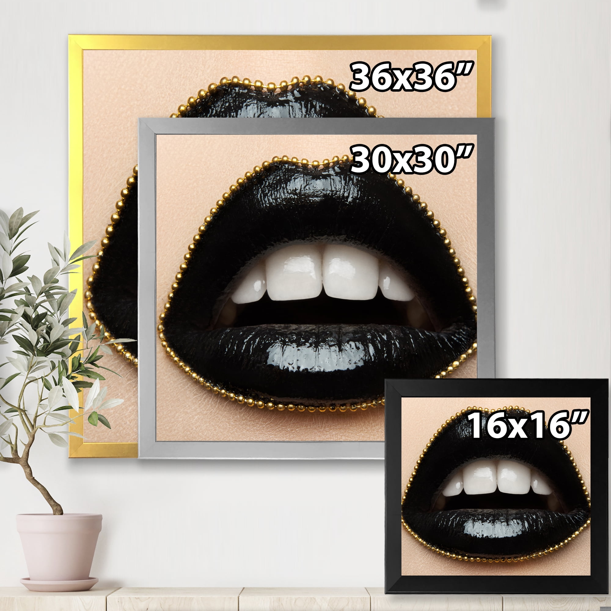 Designart 'Woman Lips With Black Lipstick & A Gold Chain' Modern Framed Art Print