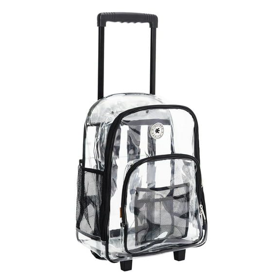 K-Cliffs High Quality Rolling Clear Backpack Heavy Duty See-Through School Bag Student Bookbag Unisex Transparent Travel Daypack with Wheels Black