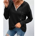 thumbnail image 3 of Suéter informal de manga larga de color liso para el trabajo, talla L, sudadera con capucha negra con cuello en V y encaje, 3 of 6