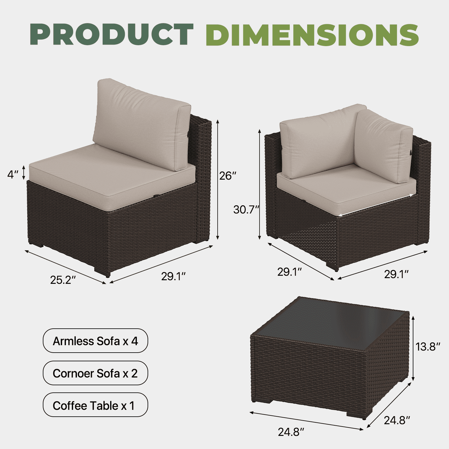 BaPiPro 7-Piece Modular All-Weather Patio Furniture Set, Brown Rattan Wicker Outdoor Sectional Sofa with Thickened Beige Cushions & Tempered Glass Coffee Table for Backyard Porch Deck Balcony