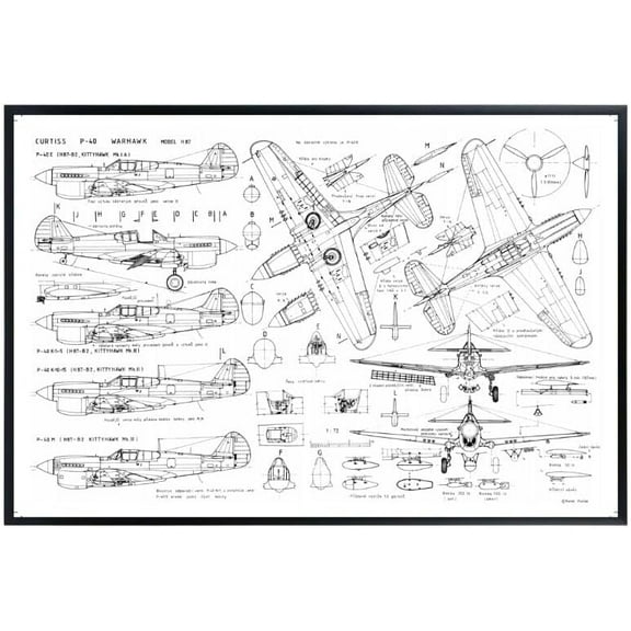 Curtiss P-40 Warhawk Wall Art – Vintage WWII Airplane Poster – Blueprint Diagram Military Print – Ideal Gift for Aviation Enthusiasts and Warbird Lovers