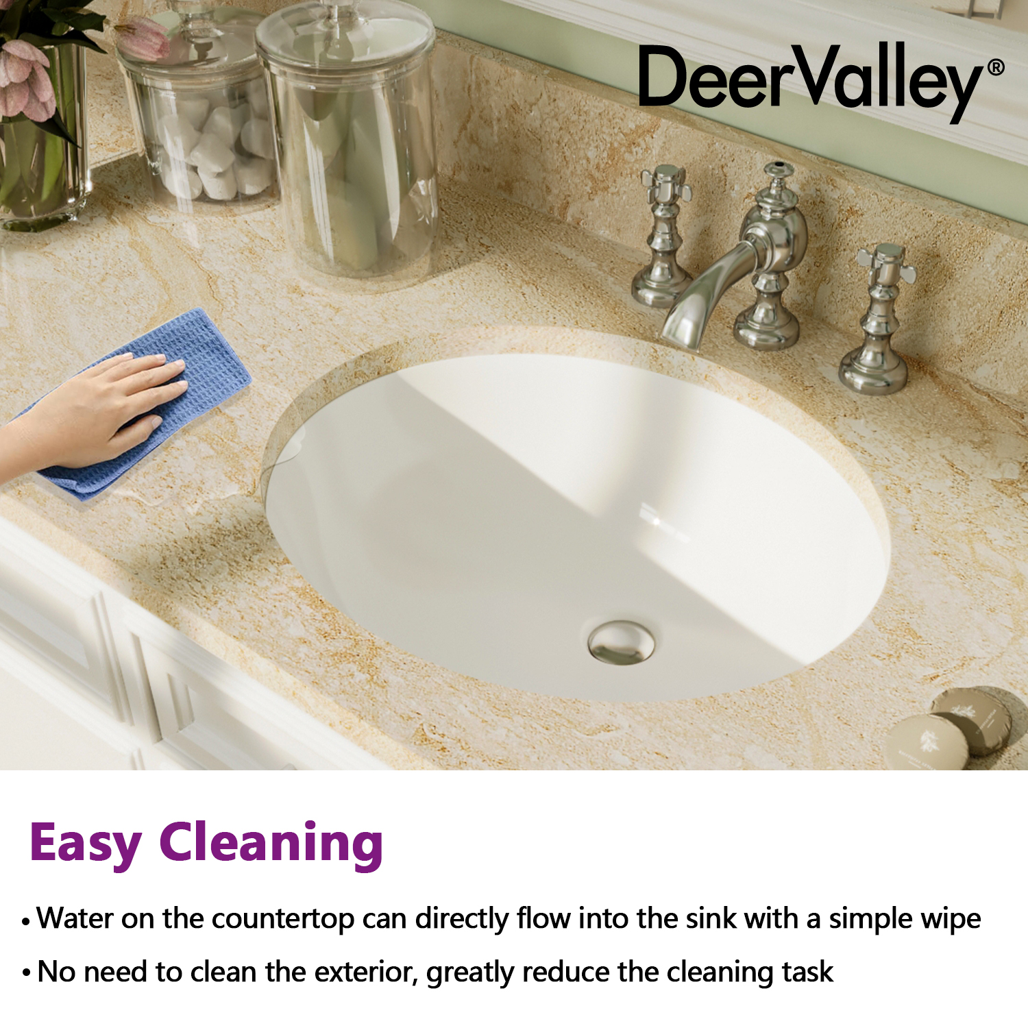 DeerValley DV-1U303 Oval Ceramic Undermount Bathroom Sink with Overflow Hole in White 18" L x 15" W