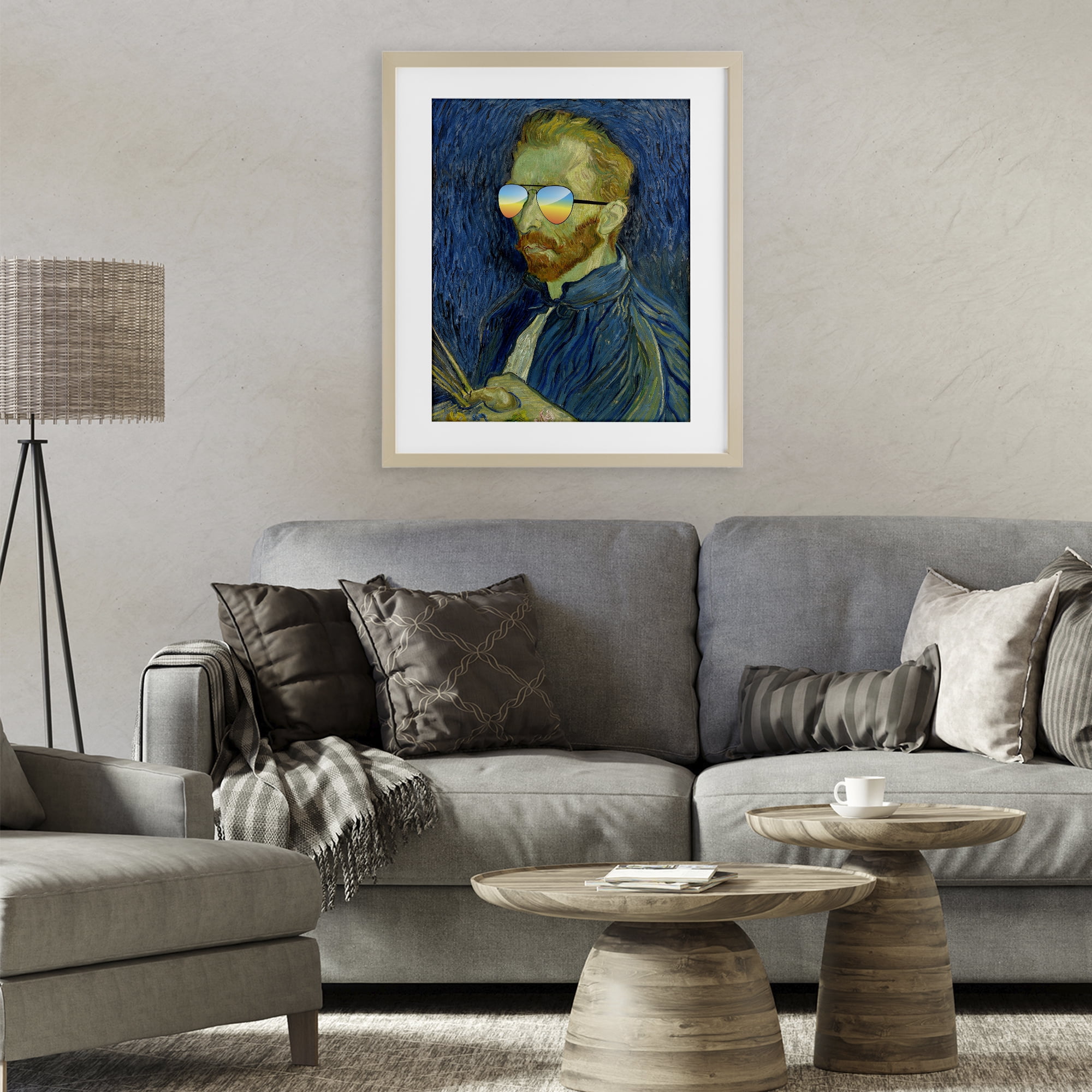 Funny Van Gogh Sunglasses Birch Framed Print Under Glass, design by Masters Redux