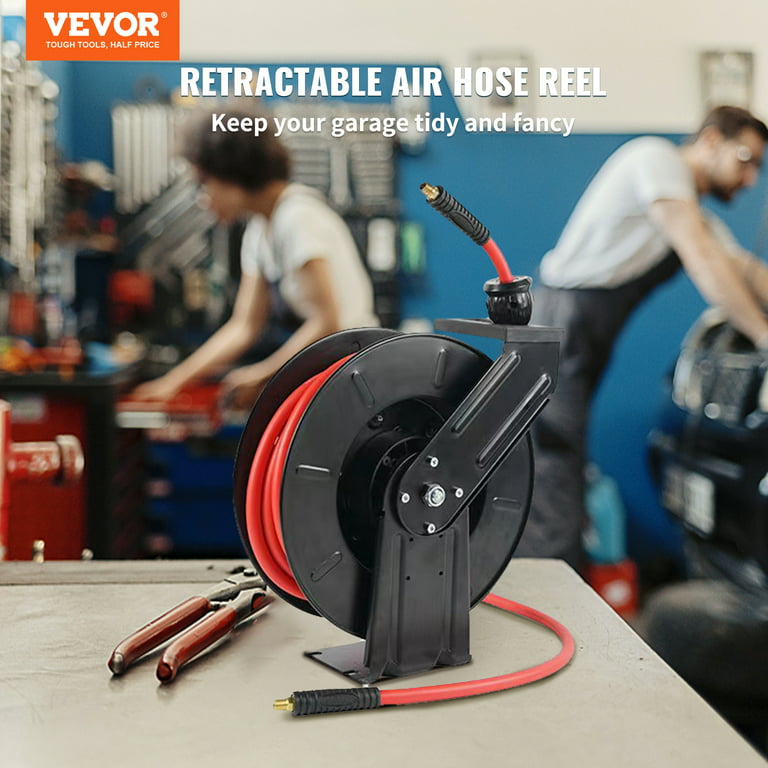 VEVOR Air Hose Reel, 3/8 IN x 50 FT Retractable Hybrid Polymer Hose MAX  300PSI, Pneumatic Ceiling / Wall Mount Heavy Duty Double Arm Steel Reel  Auto
