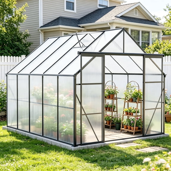 CarButler 8x10ft Polycarbonate Greenhouse Heavy Duty Walk-in Garden House with Sliding Double Door and Vent for Outdoor Garden Backyard Black