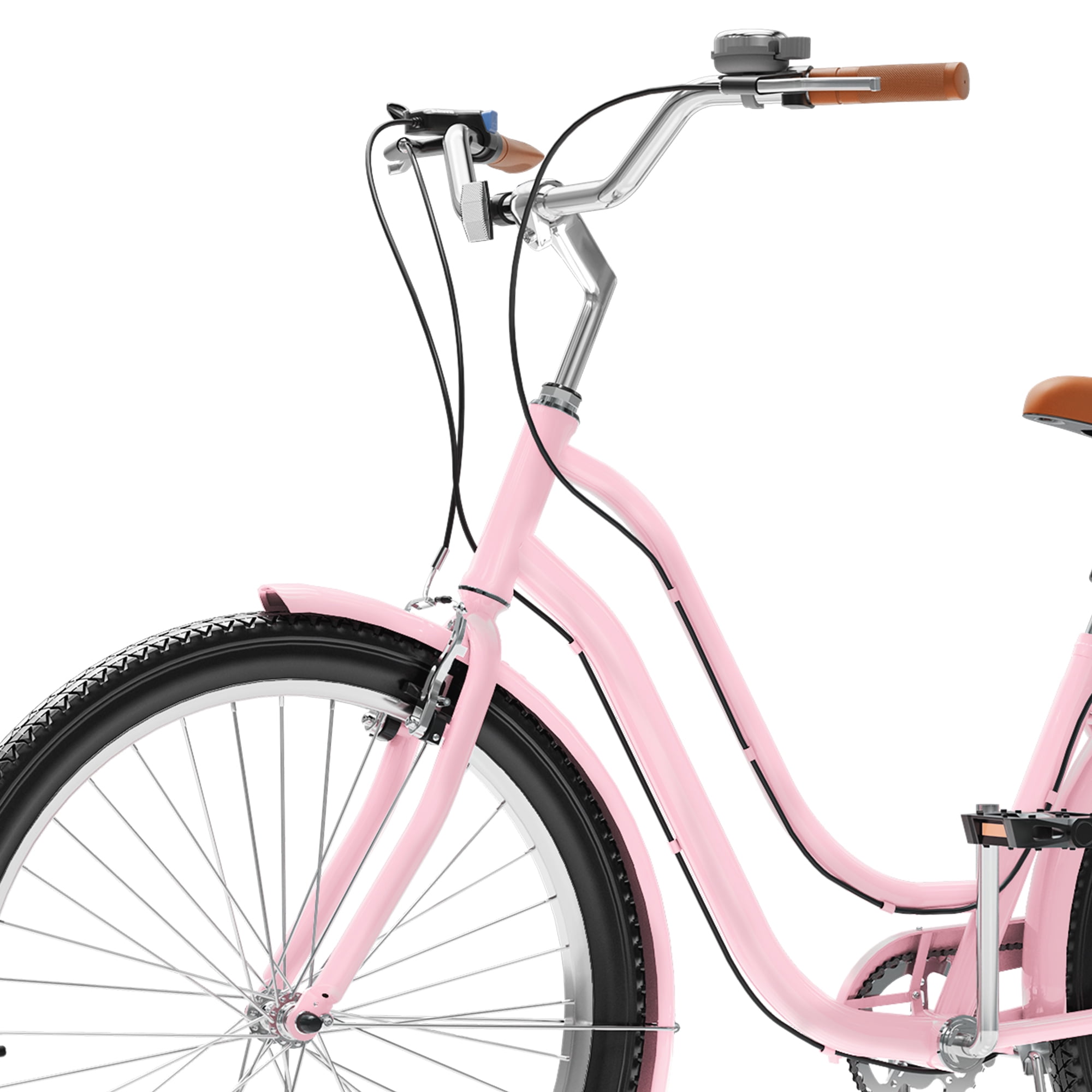 Uforic 24 Inch Beach Cruiser Bike, 7 Speed Commute Bike, Step-Through Bicycle for Adult Women & Men, Steel Frame Cruiser Bike, Pink