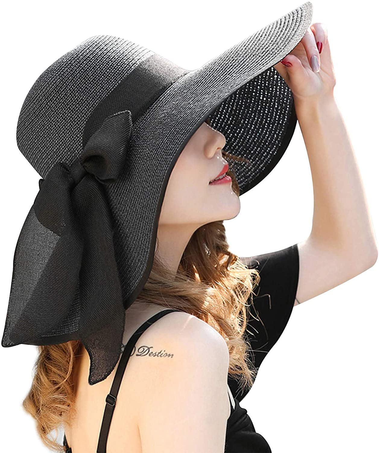 YSense Womens Foldable Wide Brim Bowknot Ribbon Band Floppy Hat Black