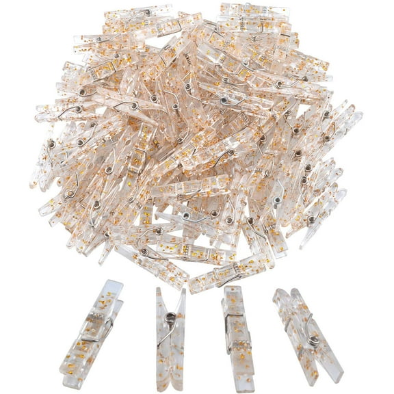 100 Pieces Clear Plastic Utility Paper Clip, Photo Paper Peg Pin, Clothes Line Clips, Craft Clips, 3.5 x 0.5cm x 0.7cm (Gold Glittered)