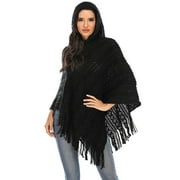 Womens Plus Sweatshirts & Hoodies Pancho with Fringed Sides Hooded Capes Knit Tassel Fringed Ponchos Shawls Wrap Coats Tops