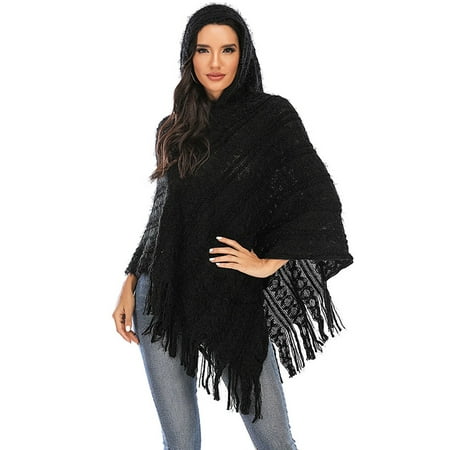Womens Plus Sweatshirts & Hoodies Pancho with Fringed Sides Hooded Capes Knit Tassel Fringed Ponchos Shawls Wrap Coats Tops