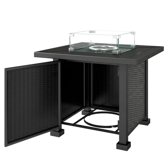 32" Propane Gas Fire Pit Table, 50,000 BTU Square Outdoor Patio Dining Table with Lid and Wind Guard, Black Steel Wicker Design for Backyard Garden, Porch, and Deck Space