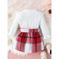 thumbnail image 3 of Toddler Girls Fall Outfits Solid Color Rib Long Sleeve Tops and Plaid Skirts with Belt Set, 3 of 7