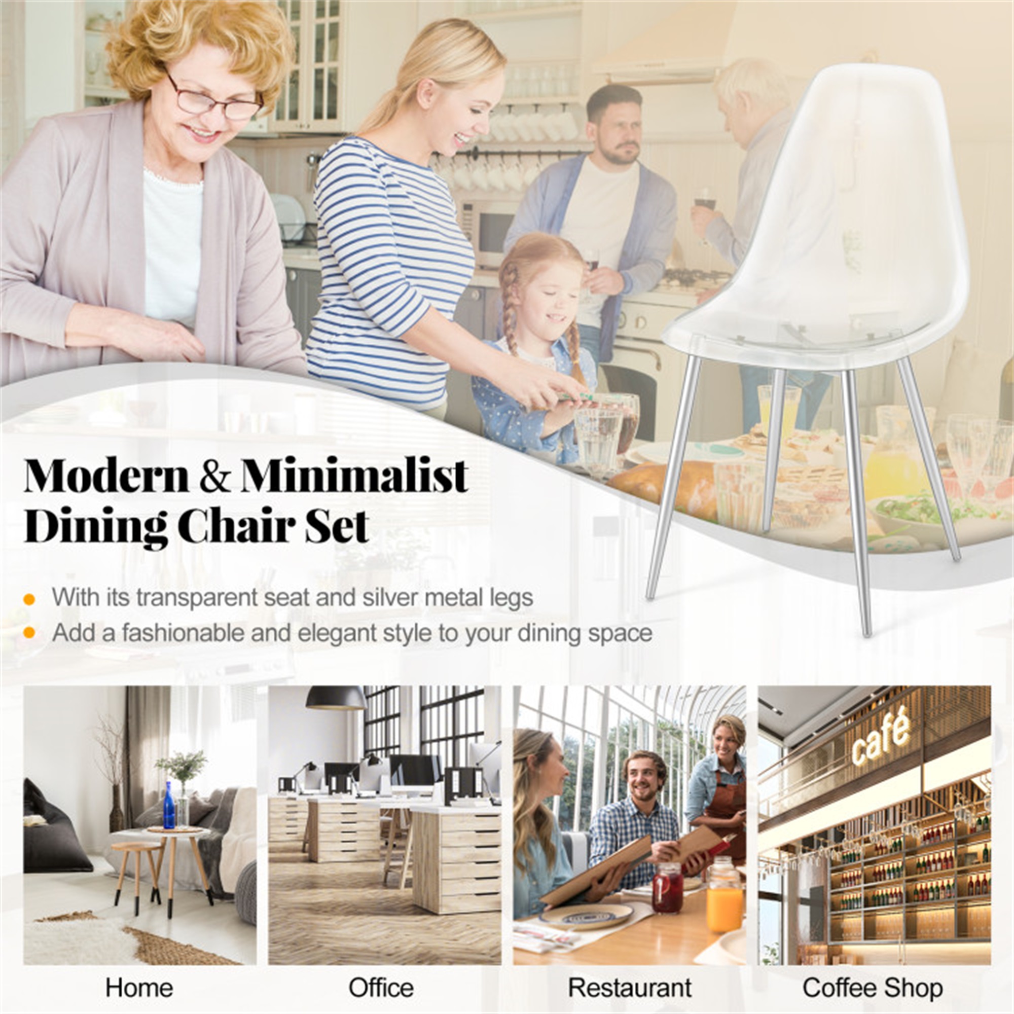 Demi Bonn Set of 4 Dining Chairs Modern Plastic Shell Side Chair with Clear Seat and Wood Legs for Dining Room Living Room, Silver