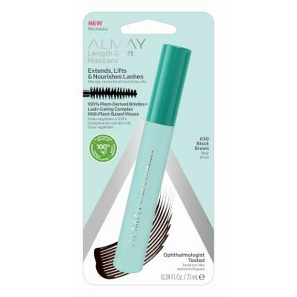 Máscara de pestañas para alargar y levantar Almay, maquillaje de ojos voluminizador y alargador a base de plantas, hipoalergénico y sin fragancia, 030 Black Brown, 0.24 fl. onz.