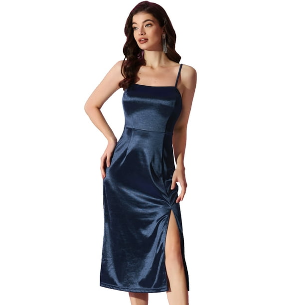 Vestido a media pierna de cóctel ceñido al cuerpo con dobladillo con abertura y tirantes finos sin mangas de satén sexy para mujer Azul oscuro S