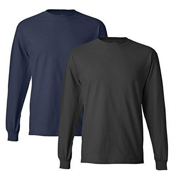 Hanes Men's 2 Pack Long Sleeve Beefy-T Shirt, Small, 1 Navy / 1 Sm Grey