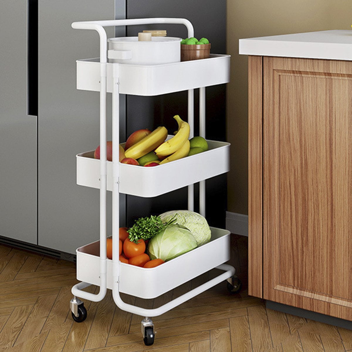 White Ceeyali 3-Tier Rolling Utility Cart Storage Shelf Multifunction Organizer Storage Cart with Handle and Lockable Wheels and 3PCS Cup for Home Kitchen,Bathroom,Office,Laundry Room etc.