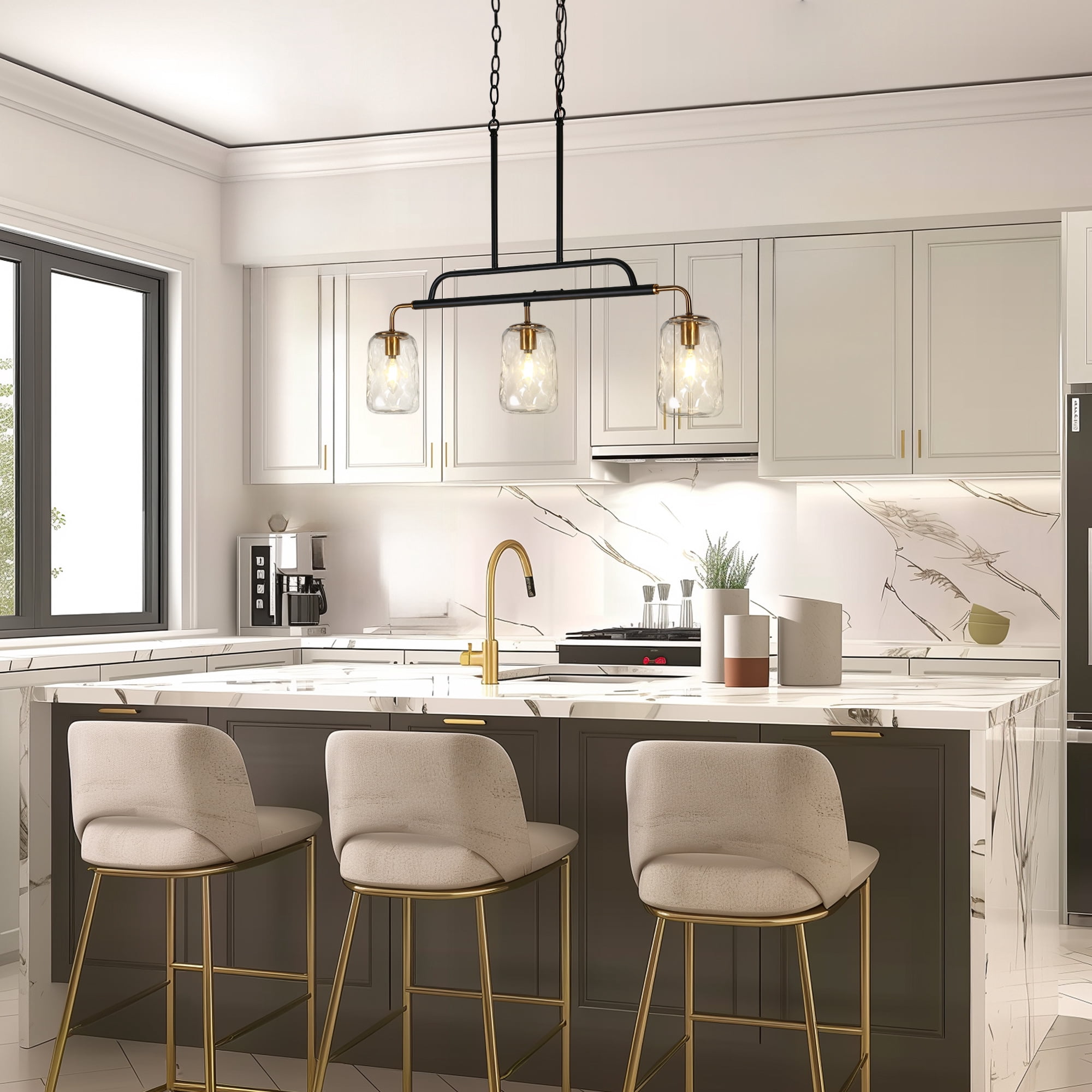 LNC Erharting 3-Light Modern Black and Gold Mason Jar Glass Linear Kitchen Island Light