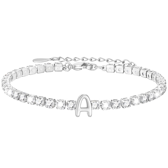 LUNVKY S925 Sterling Silver Plated Initial Tennis Bracelets for Women Girls CZ Letter A Bracelet Birthday Christmas Jewelry Gifts Kids Teen Her Wife Mom Stocking Stuffers Age Ideas