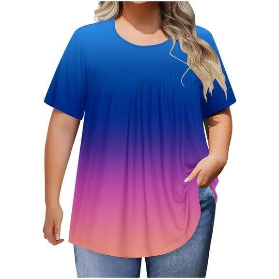 RYRJJ Womens Plus Size Tops Short Sleeve Blouses Dressy Casual Summer Pleated Front Crewneck T Shirts Gradient Tie Dye Tees(Dark Blue,3XL)