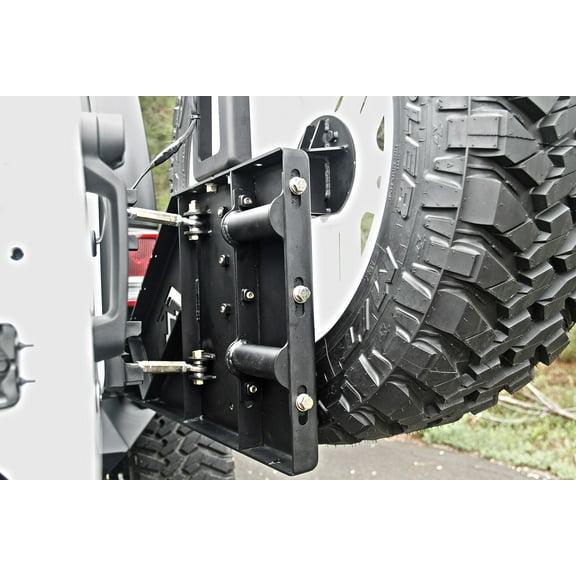 Fab Fours JP-Y1261T-1 Off The Door Tire Carrier; 2 Stage Black Powder Coated; Needs Base Bumper; Fits select: 2015-2017 JEEP WRANGLER UNLIMITED, 2012-2014 JEEP WRANGLER
