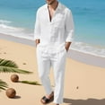 thumbnail image 2 of Men 2 Piece Linen Outfit Beach Button Down Long Sleeve Shirt Casual Loose Pant Sets Vacation Texture Linen Sets for Men (XXL, White), 2 of 4