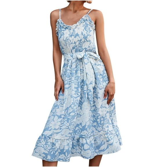 USSUMA Sundresses for Women Casual Summer Smocked Flowy Swing Long Cami Spaghetti Strap Floral Print Maxi Womens Shirt Dresses Beach V Neck Sleeveless Plus Size Wedding Guest Sun Dress