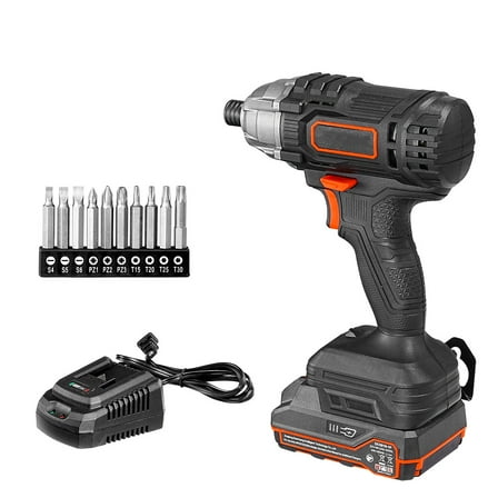 KFFKFF Cordless Impact Driver, 1/4 Inch, 2800 RPM Max Speed, 20V High-Performance Motor, Electric Impact Driver Kit with Battery, Charger, 10 Bits, LED Light, Ideal for Furniture Assembly
