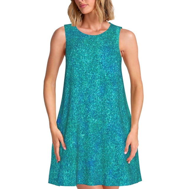 Disketp Blue Green Glitter para Vestido sin Mangas para Mujeres, Vestidos de Verano para Mujeres, Casual y Holgado para la Playa