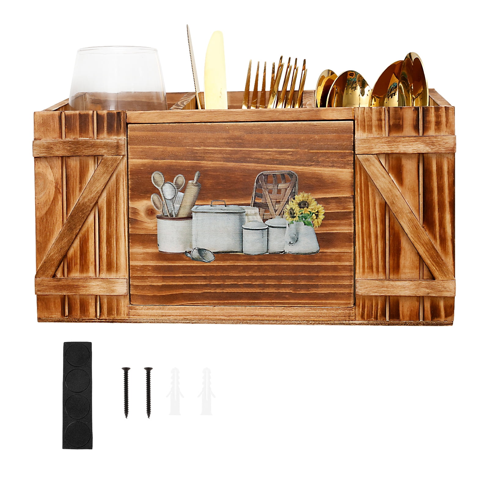 Tzdxfgl Wood Kitchen Utensil Holder for Countertop, Silverware Organizer with 3 Compartments, Large, Brown Sunflower