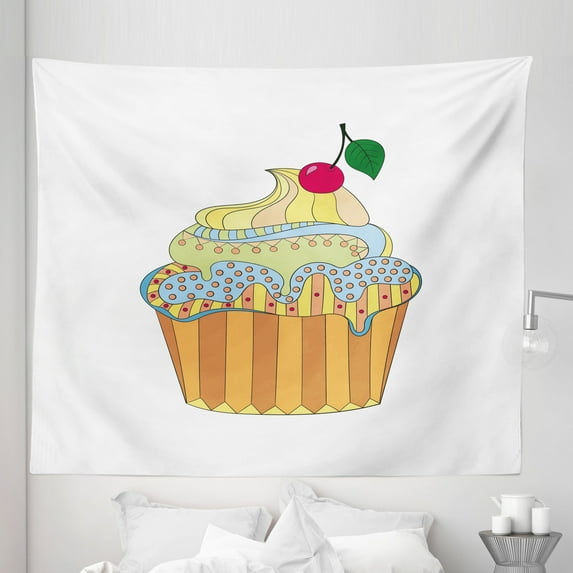 Cupcakes Tapestry, Funny Dessert Drawing Cartoon Graphic Creamy Cherry Top Muffin Cake, Fabric Wall Hanging Decor for Bedroom Living Room Dorm, 5 Sizes, Apricot and Multicolor, by Ambesonne