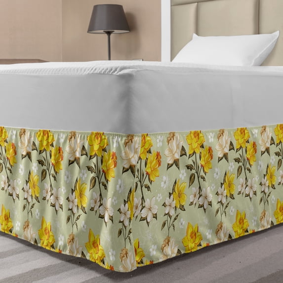 Vintage Bed Skirt, Narcissus Blossoms Little Wildflowers Green Leaves Classical, Elastic Bedskirt Dust Ruffle Wrap Around for Bedding Decor, 4 Sizes, Yellow Cream Pale Green, by Ambesonne