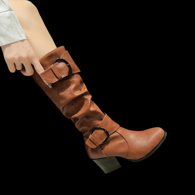 EGNMCR Bottes Mi-Hautes Jusqu'au Genou pour Femmes, Bottes Mi-Mollet pour Femmes Automne/hiver Hautes à Bout Rond à Talon Épais Bottes Mode Décontractées pour Dames Chaussures Décontractées