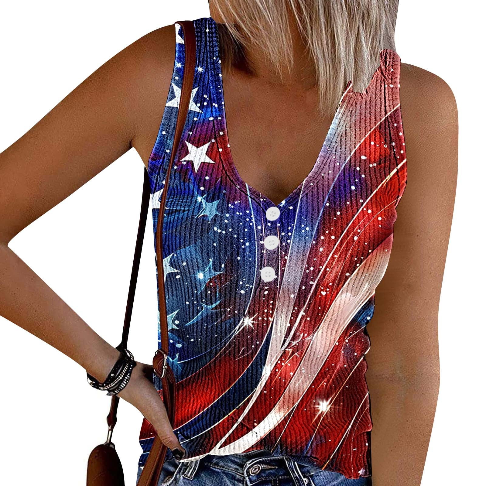 Women's 4th Of July Tank Top - American Flag Print Sleeveless Tee, Cotton Blend, Blue