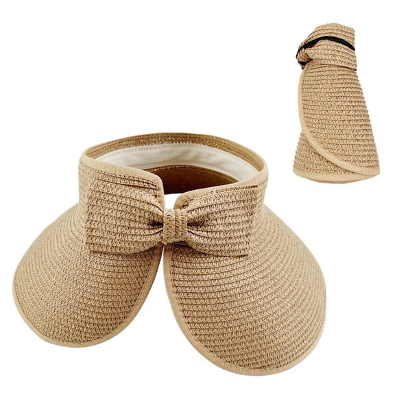 Women's Straw Visor Hat Foldable Wide Brim Bowknot Empty Top UV Protection Casual Adjustable Beach Straw Hat