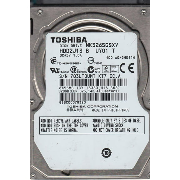 MK3265GSXV, A0/GH011M, HDD2J13 B UY01 T, Toshiba 320GB SATA 2.5 Hard Drive