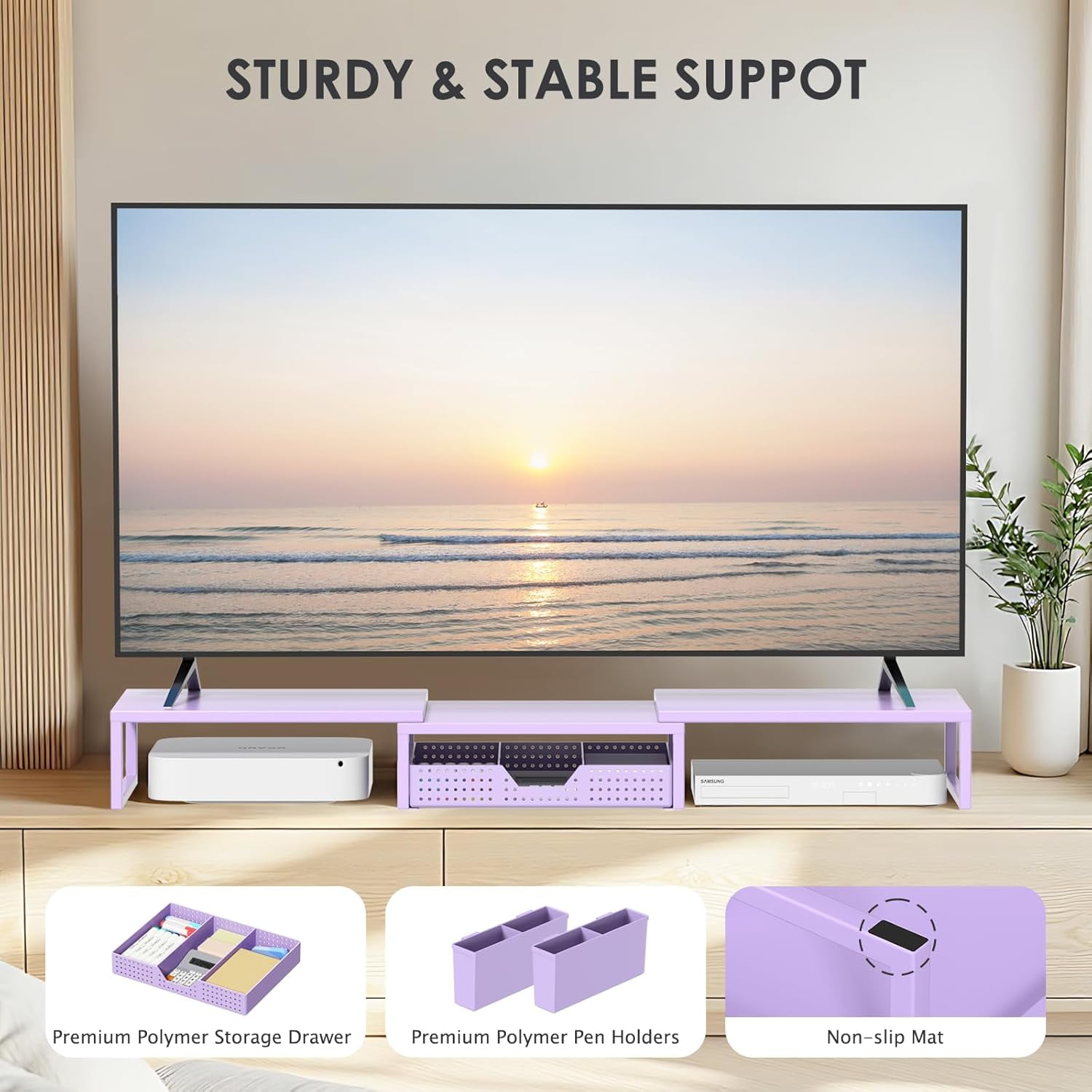 Desk Organizers and Accessories, Dual Computer Monitor Stand Riser with Drawer and 2 Pen Holders, Office Desk Accessories, Workspace Desktop Organization for Office Supplies (Purple Metal )