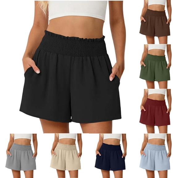 FengLS Women's Casual Shorts Smocked Elastic Waistband Summer Fashion Dressy Shorts Comfy Loose Fit Trendy Shorts with Side Pockets Lounge Everyday Wear
