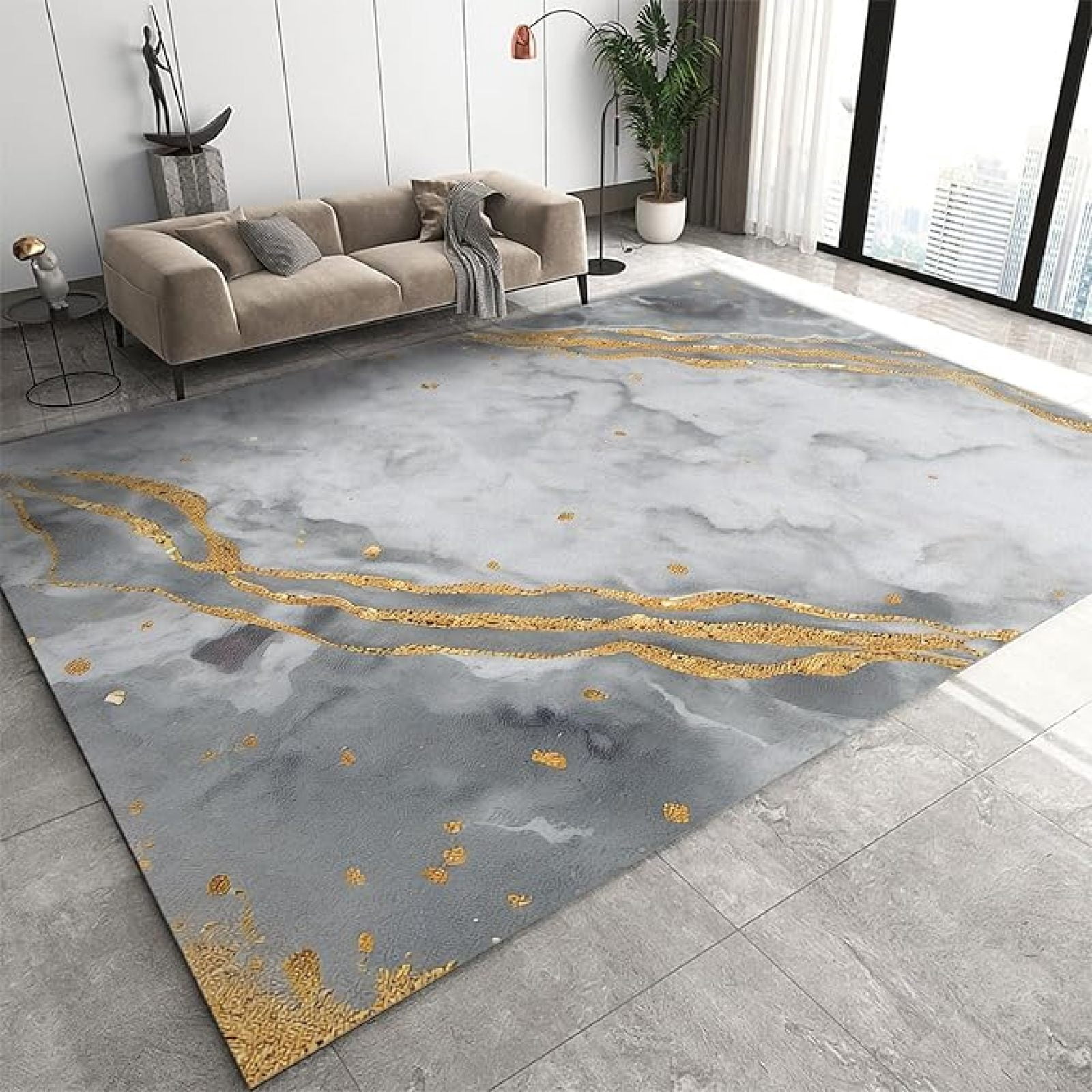 3x5ft Modern Black Grey Gold Marble Area Rug - Low Pile, Non-Shedding, Washable Textured Carpet For Living Room, Bedroom