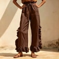 thumbnail image 5 of Mifsaly Womens Casual Pants Elastic Waist Drawstring Wide Leg Trousers Ruffle Trim Lightweight Breathable Summer Vacation Lounge Everyday Clothes with Pockets Brown,S, 5 of 8