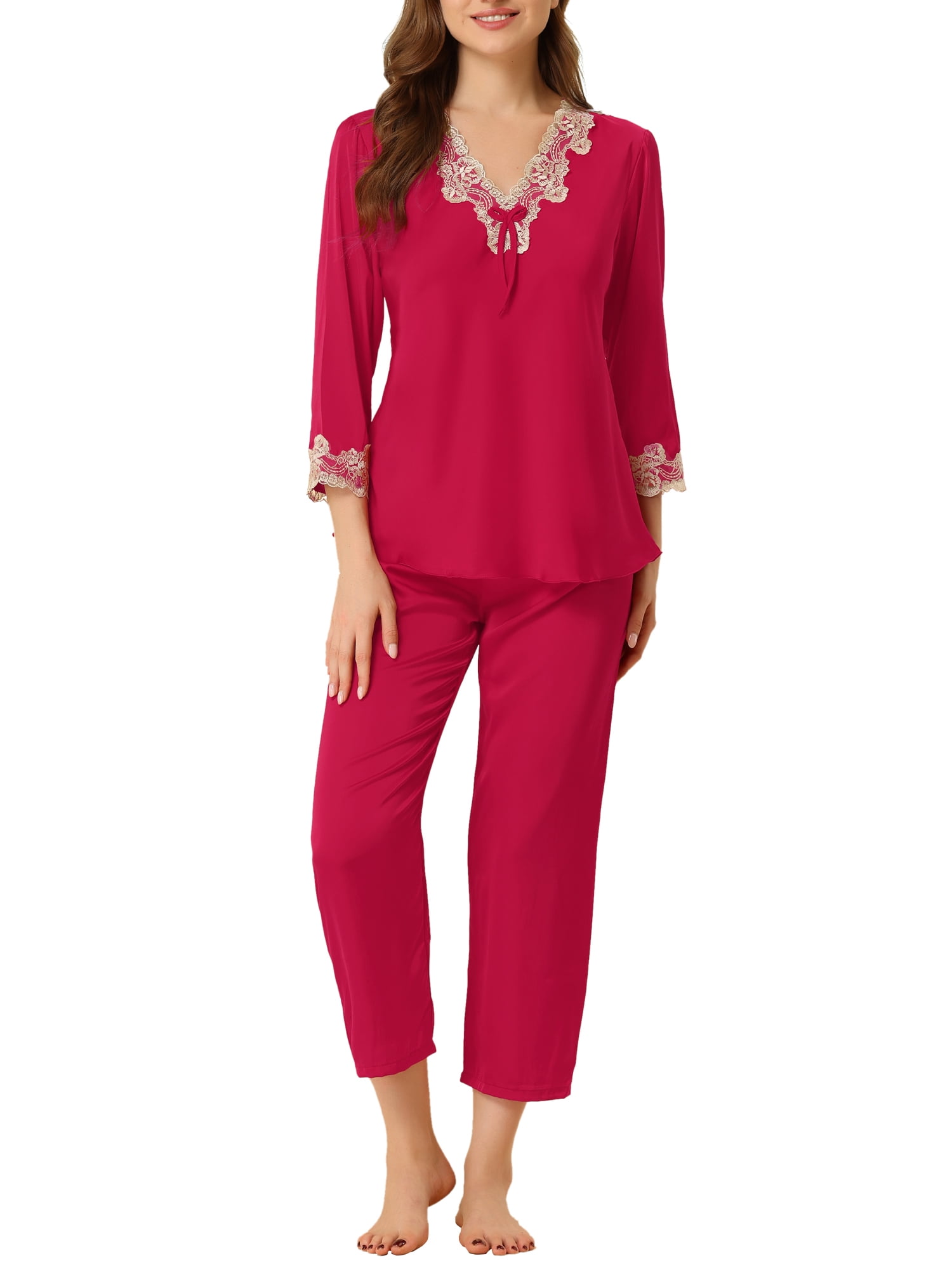 Unique Bargains Women’s Satin Pajama Lace Trim Night Suit Lounge Sleepwear Sets
