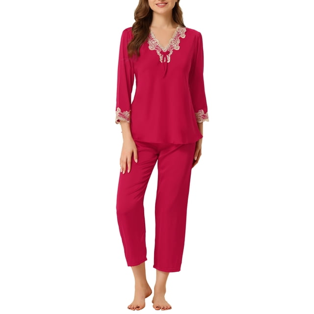 Allegra K Pyjama en Satin pour Femmes, Col en V, Dentelle, Ensemble de Nuit, Rouge