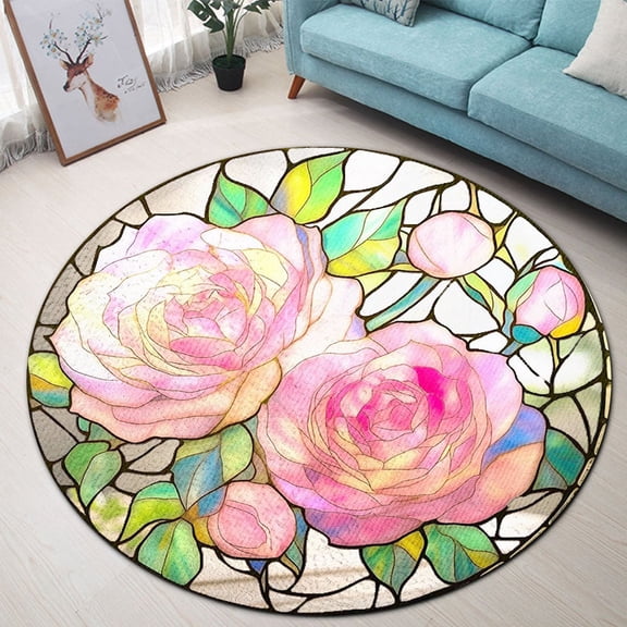 Circle Area Rug, Rose Washable Non-Slip Floor Carpet, Soft Rug for Living Room Bedroom Decor 24 Inch