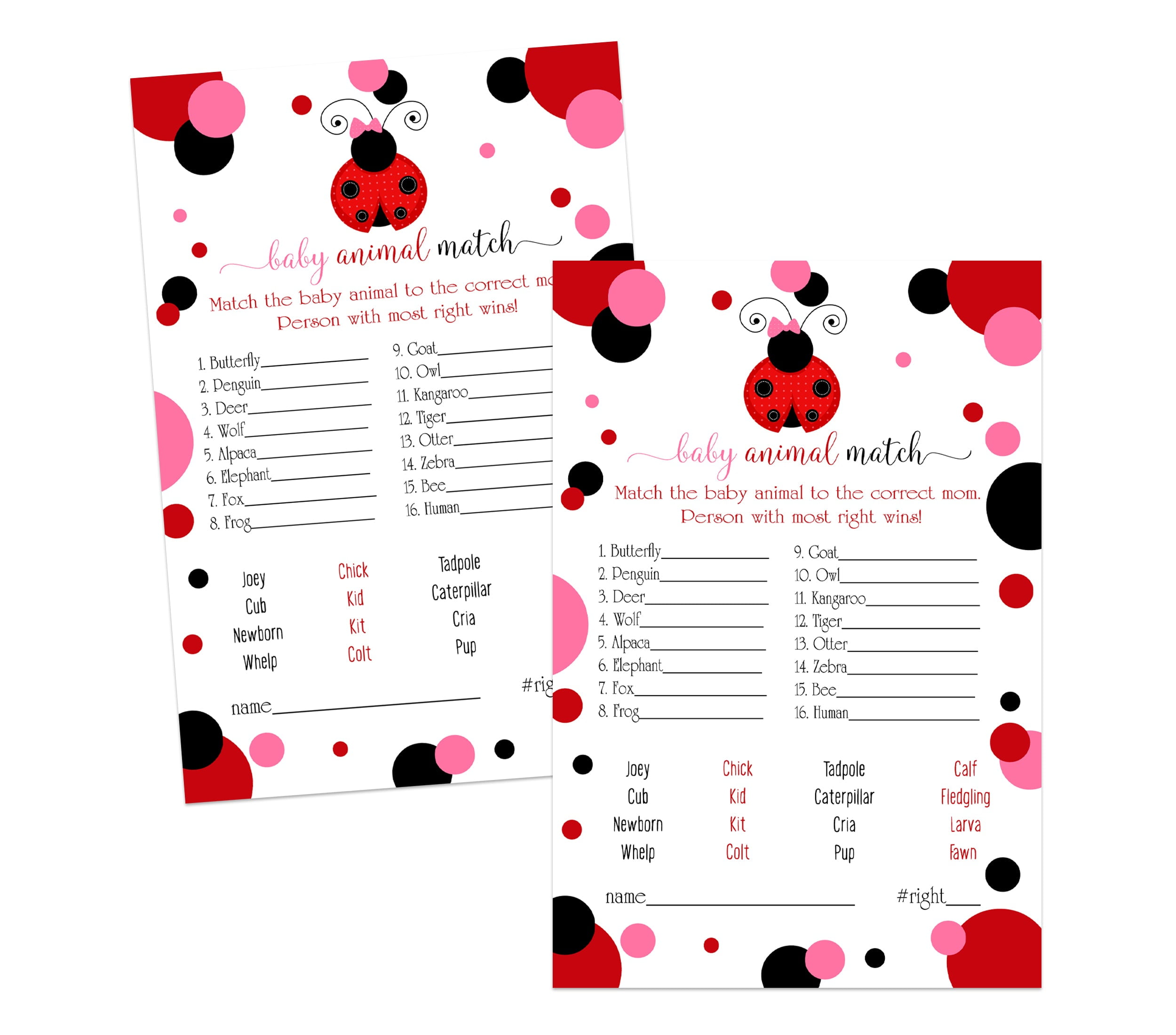 Ladybug Animal Match Game Baby Shower Pack 25 Guessing Activity Cards for Kids Groups Adults - Little Lady Theme Red Black Pink - 4X6 Printed Size Set - Paper Clever Party
