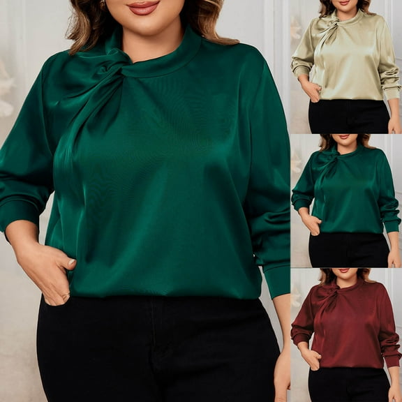 Olyvenn Women's Plus Size Tshirts 2025 Spring Trendy Casual Business Clothes Crew Neck Long Sleeve Pleated Tops Beige 4XL
