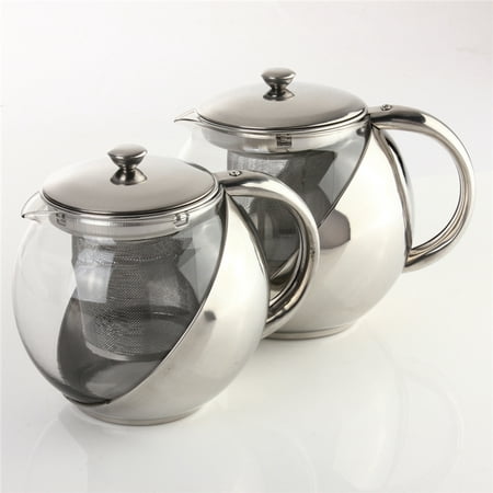 900ML Stainless Steel Glass Teapots & TeaPot with Tea Leaf Strainer Filter Infuser Silver